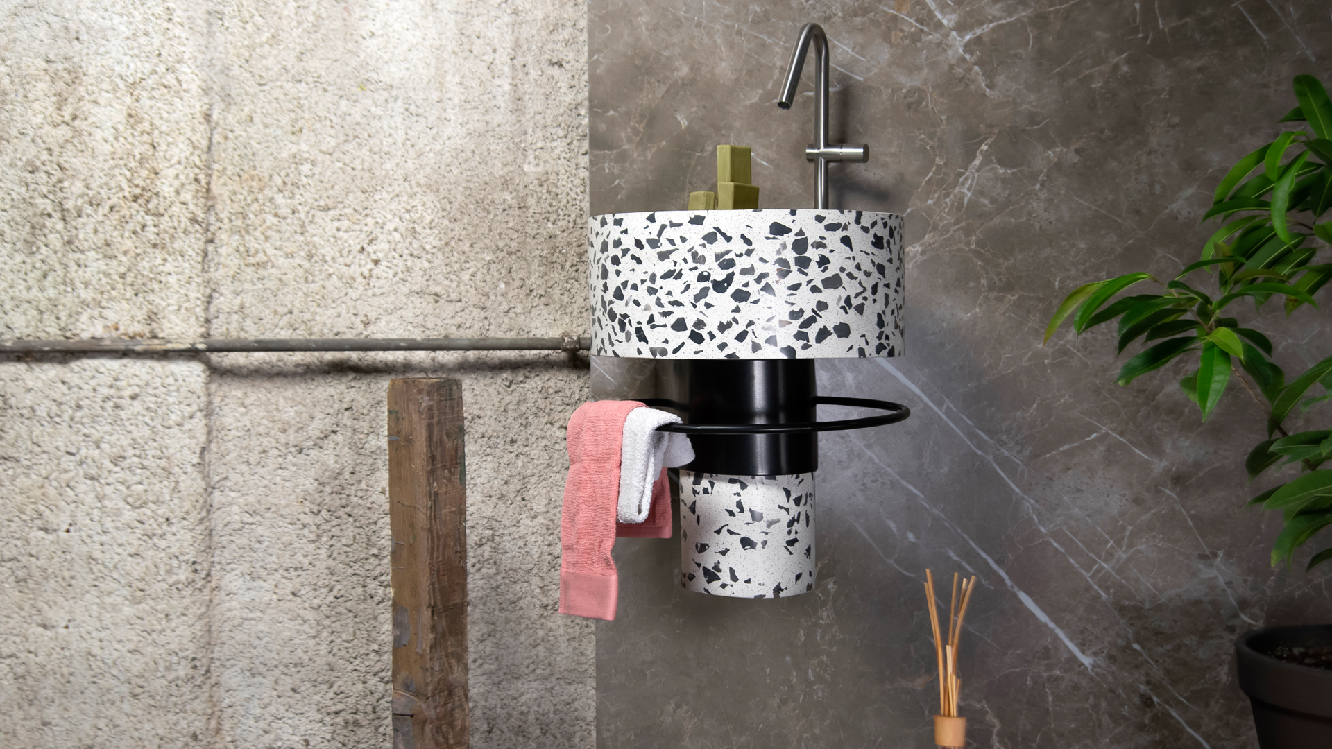 balcony wall mounted white terrazzo by Sotiris Lazou designstudio for Urbi et Orbi Aufsatzwaschbecken aus Beton banner