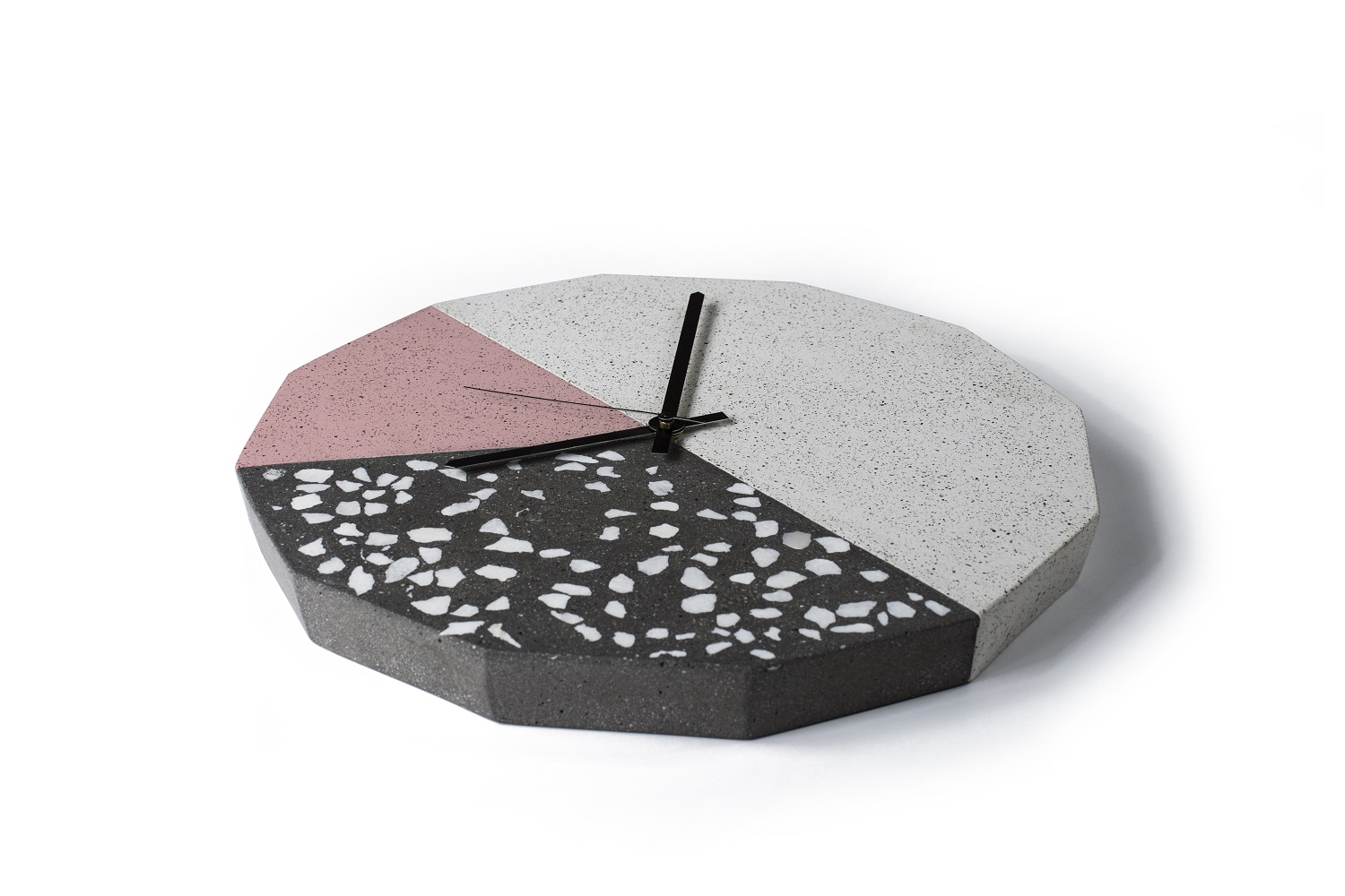 FACET CLOCK black terrazzo grey roz sand by Callum MacSorley  for Urbi et Orbi concrete wall clock low