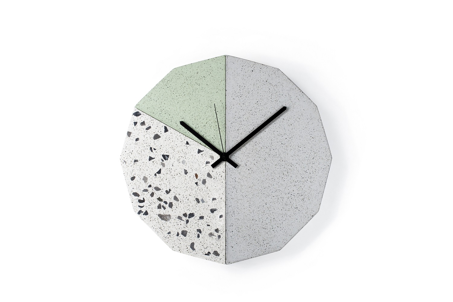 FACET CLOCK white terrazzo grey min sand by Callum MacSorley  for Urbi et Orbi concrete wall clock low
